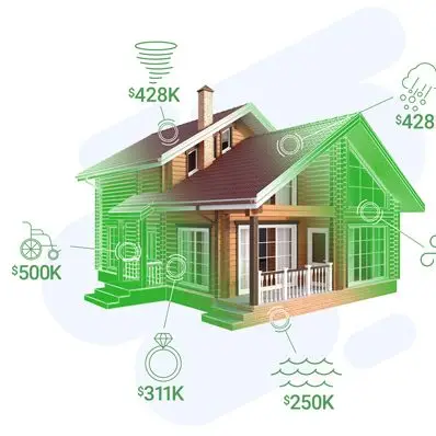 3D illustration of a house with various financial value indicators, including amounts for home insurance and property features.